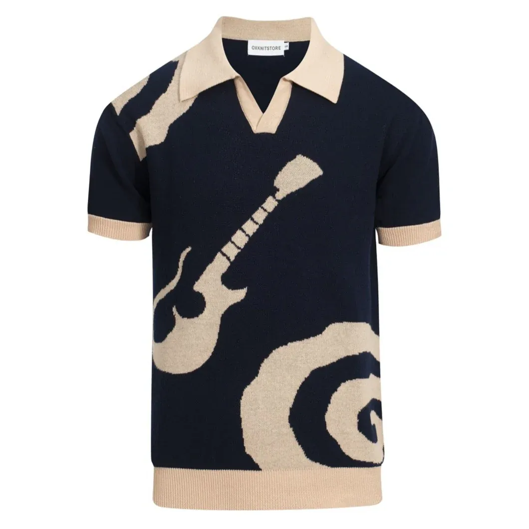 Men’s Retro 1970s Guitar Knit Polo Shirt – Vintage Navy with Psychedelic Beige Motif