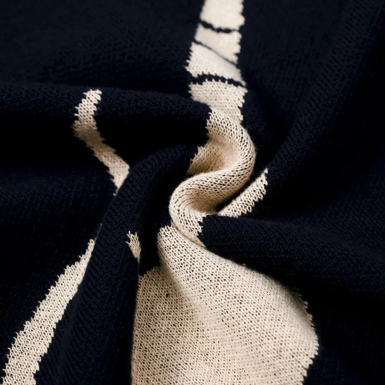 Men’s Retro 1970s Guitar Knit Polo Shirt – Vintage Navy with Psychedelic Beige Motif - Image 8