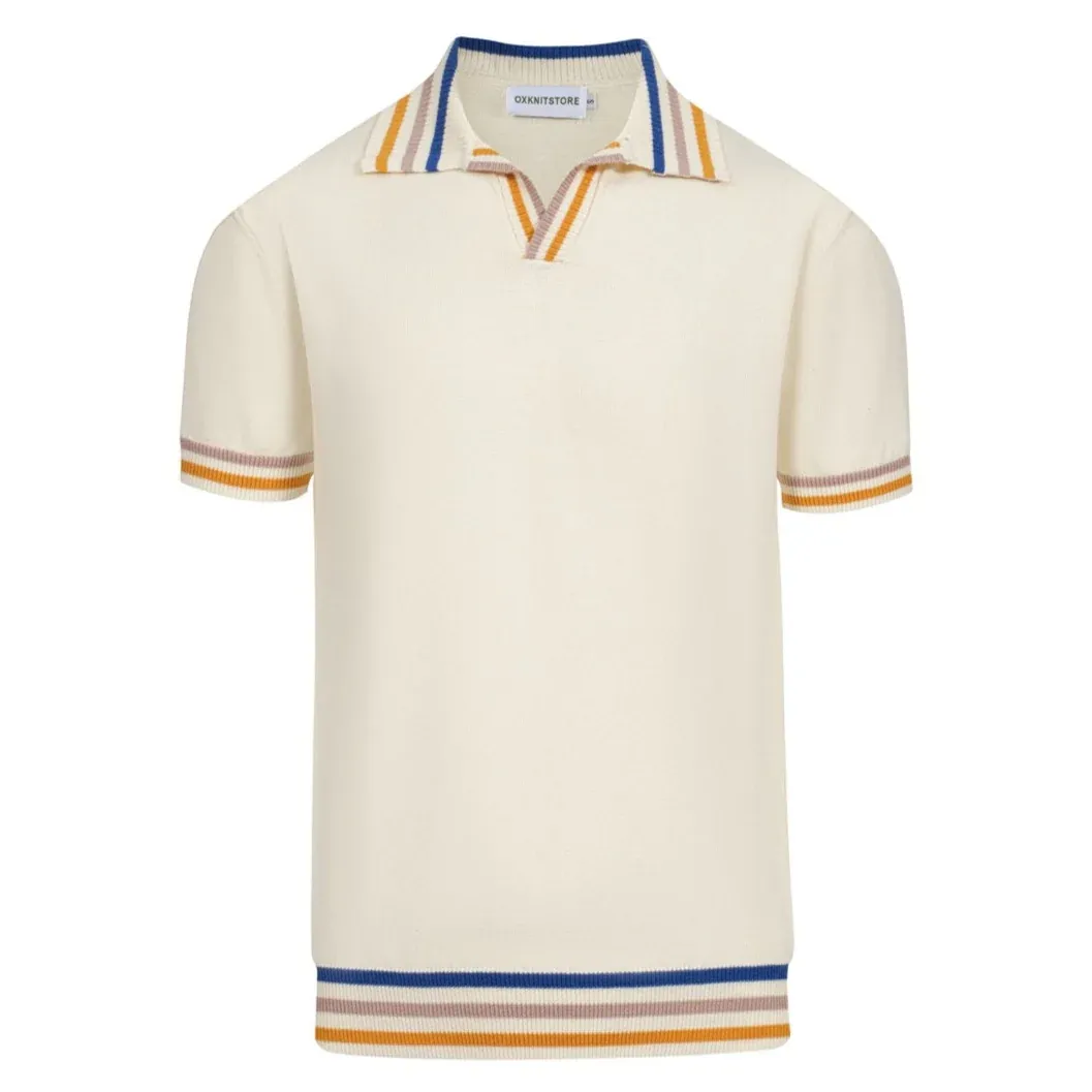 Men's 60s Mod Cream Knit Polo – Multicolor Tipped Trim