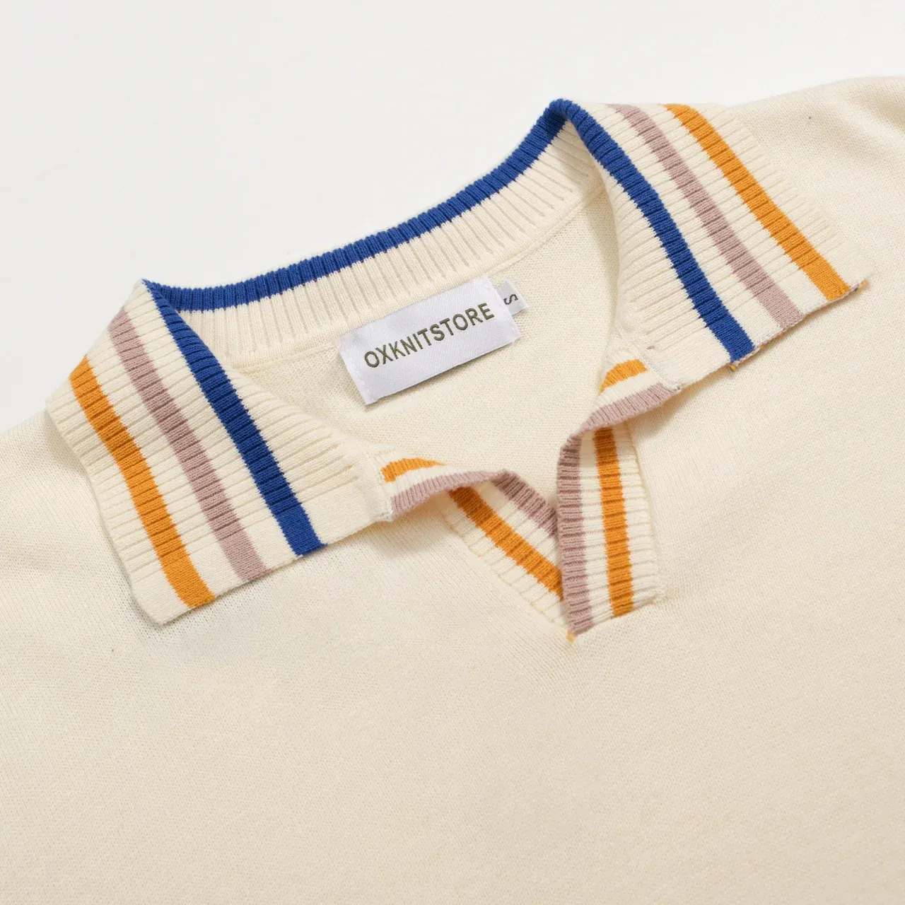 Men's 60s Mod Cream Knit Polo – Multicolor Tipped Trim - Image 3
