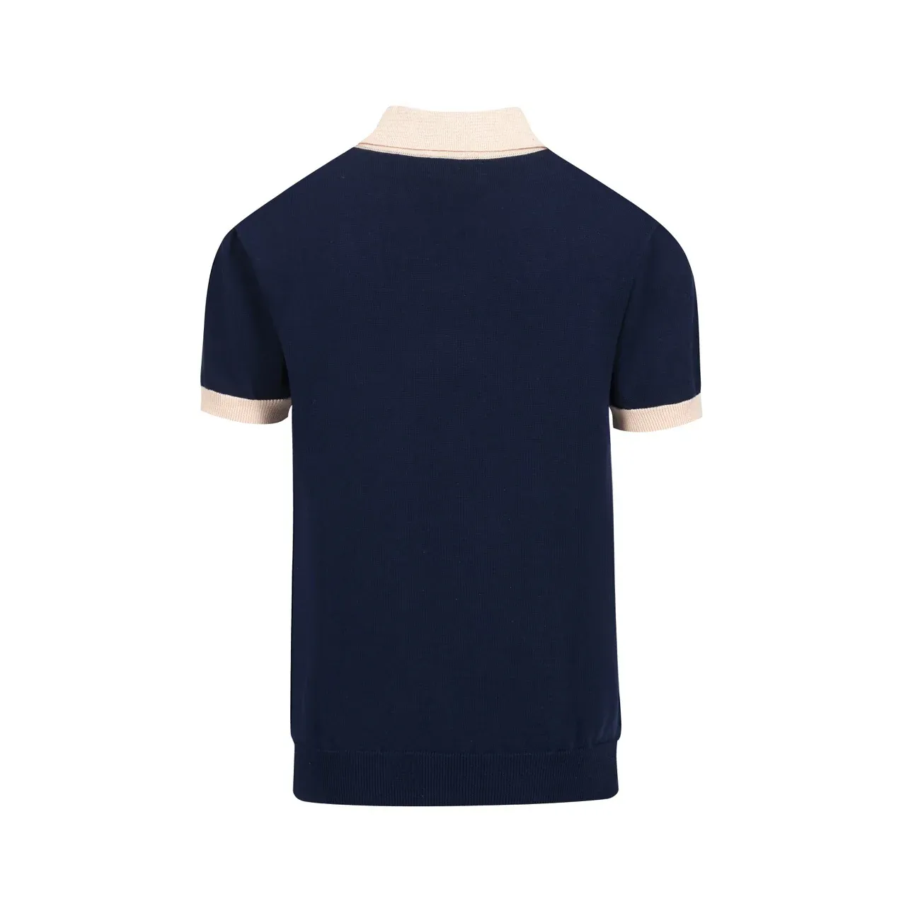 Men’s Retro 1970s Daisy Knit Polo Shirt – Vintage Navy with Red Striped Flower Graphic - Image 9