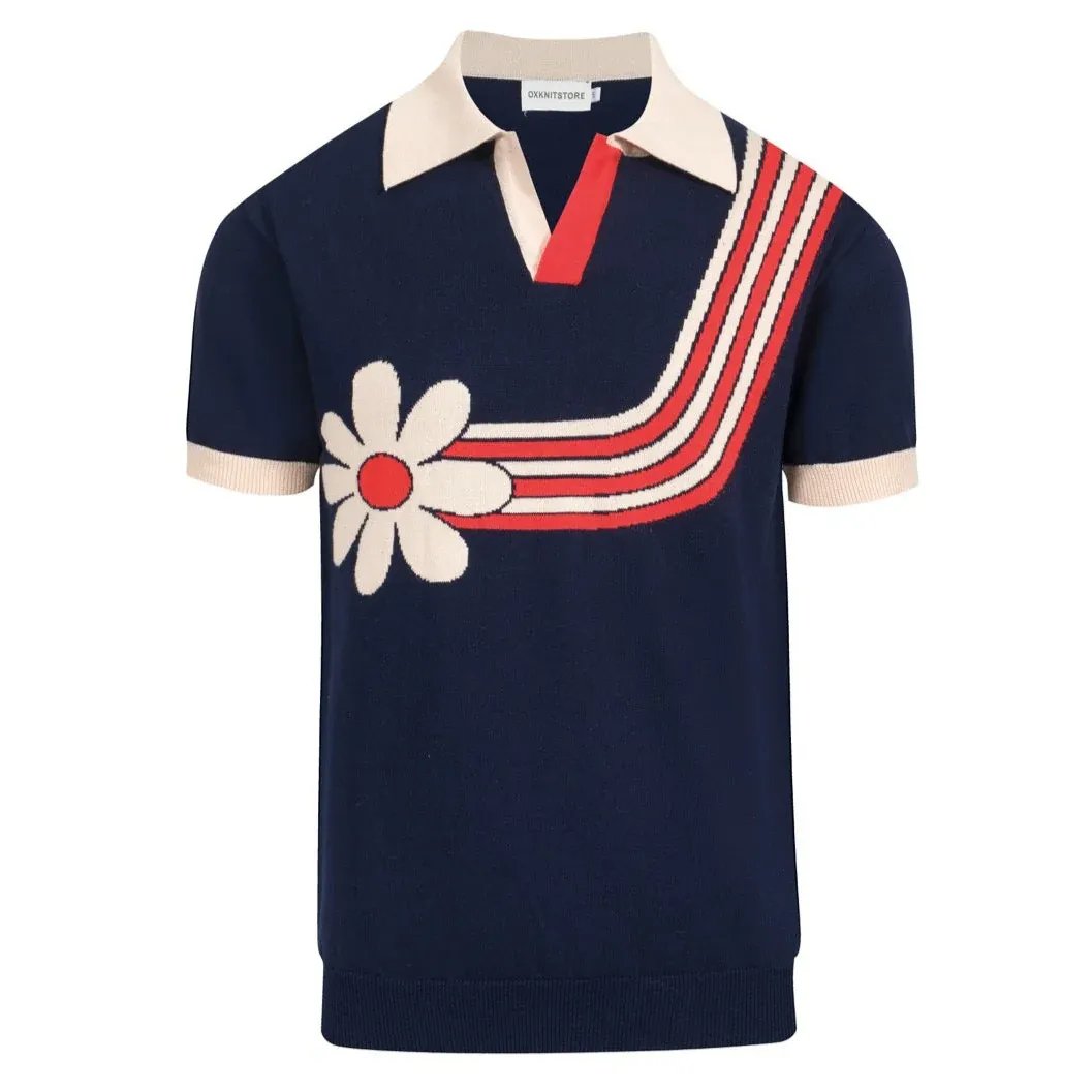 Men’s Retro 1970s Daisy Knit Polo Shirt – Vintage Navy with Red Striped Flower Graphic