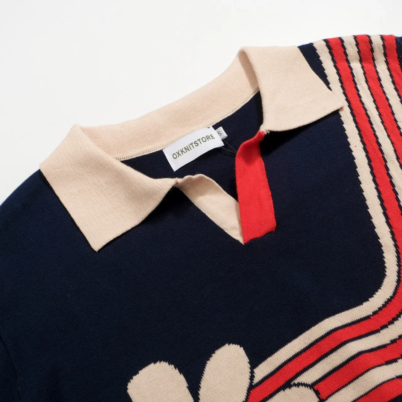 Men’s Retro 1970s Daisy Knit Polo Shirt – Vintage Navy with Red Striped Flower Graphic - Image 3