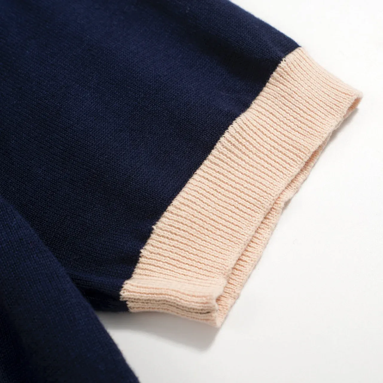 Men’s Retro 1970s Daisy Knit Polo Shirt – Vintage Navy with Red Striped Flower Graphic - Image 5