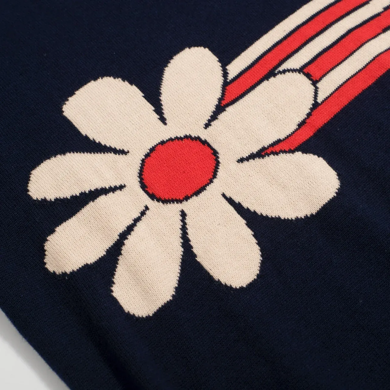 Men’s Retro 1970s Daisy Knit Polo Shirt – Vintage Navy with Red Striped Flower Graphic - Image 6