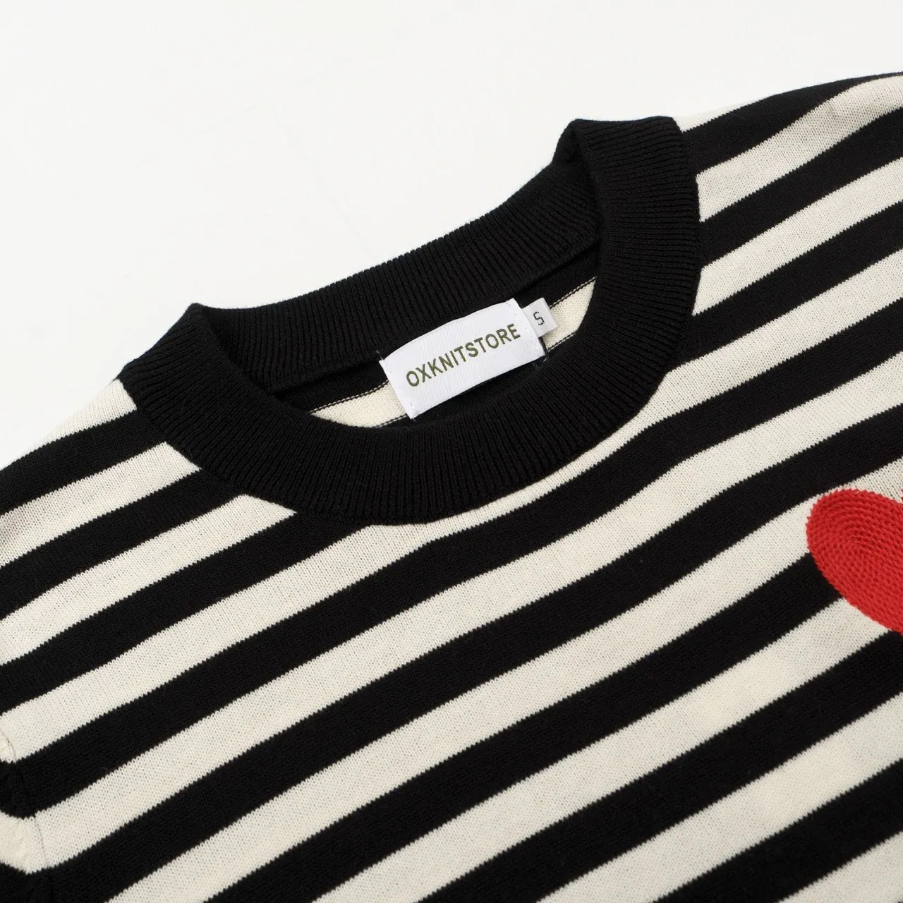 Women's Retro Striped Knit Sweater with Red Heart – Black & White - Image 4