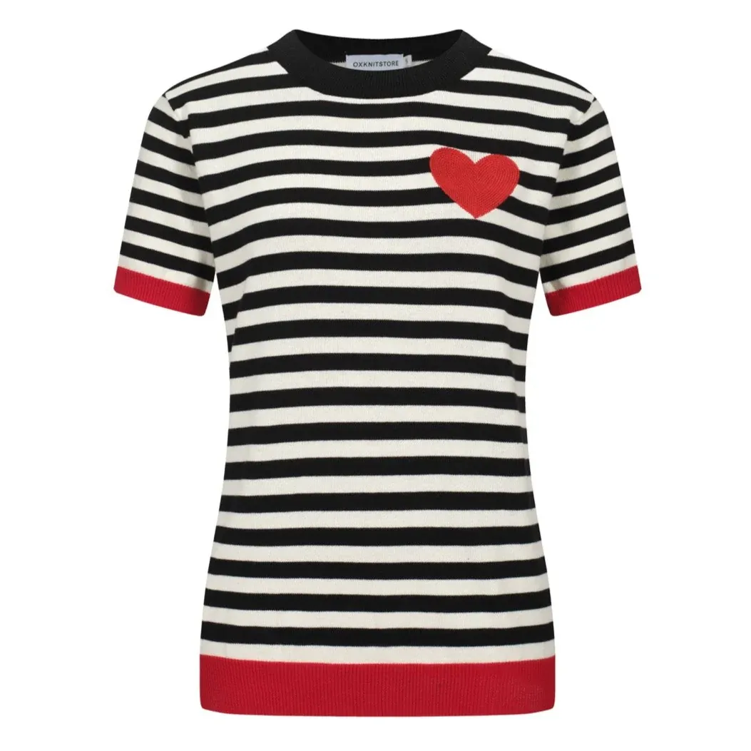 Women's Retro Striped Knit Sweater with Red Heart – Black & White
