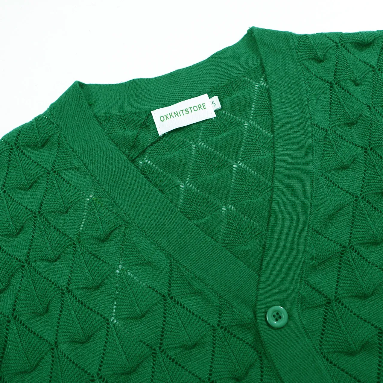 Men’s Vintage 1970s Knit Cardigan Shirt – Retro Emerald Green Openwork Short Sleeve - Image 4