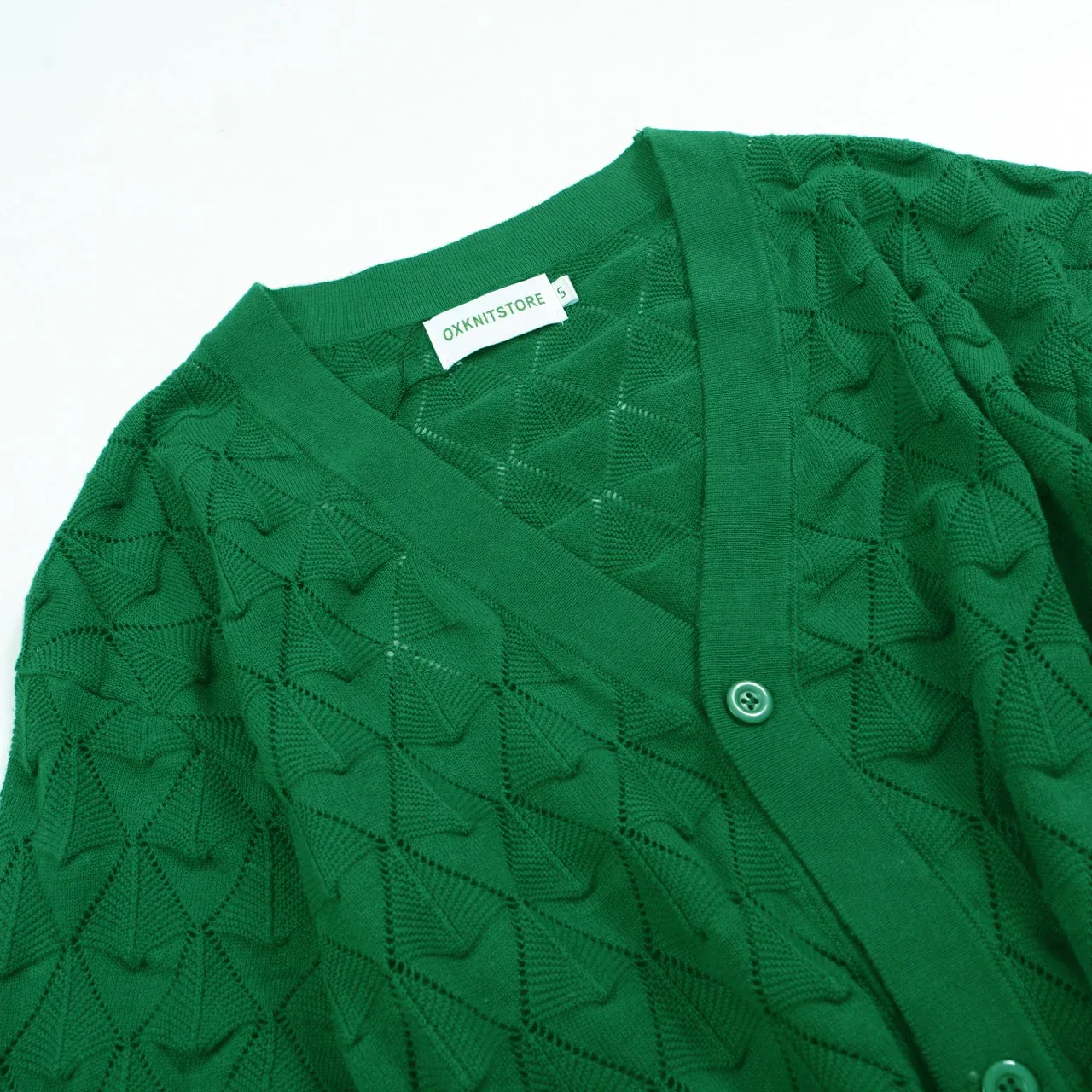Men’s Vintage 1970s Knit Cardigan Shirt – Retro Emerald Green Openwork Short Sleeve - Image 9