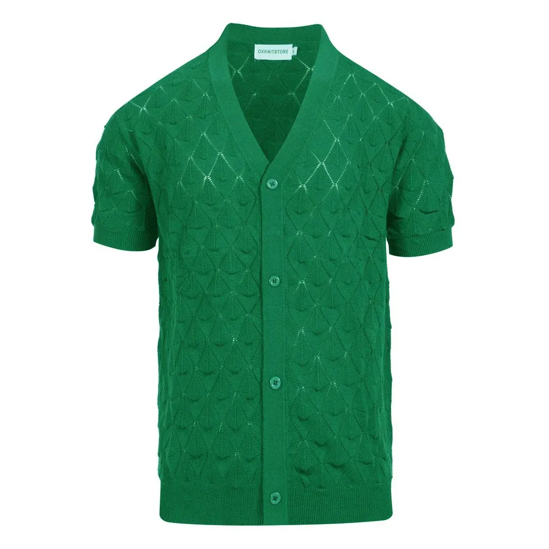 Men’s Vintage 1970s Knit Cardigan Shirt – Retro Emerald Green Openwork Short Sleeve