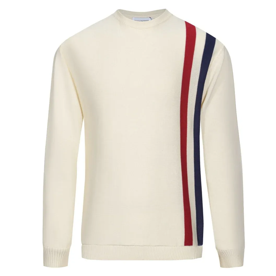 Men's 60s Mod Stripe Knit Sweater – Cream Long Sleeve Retro Pullover
