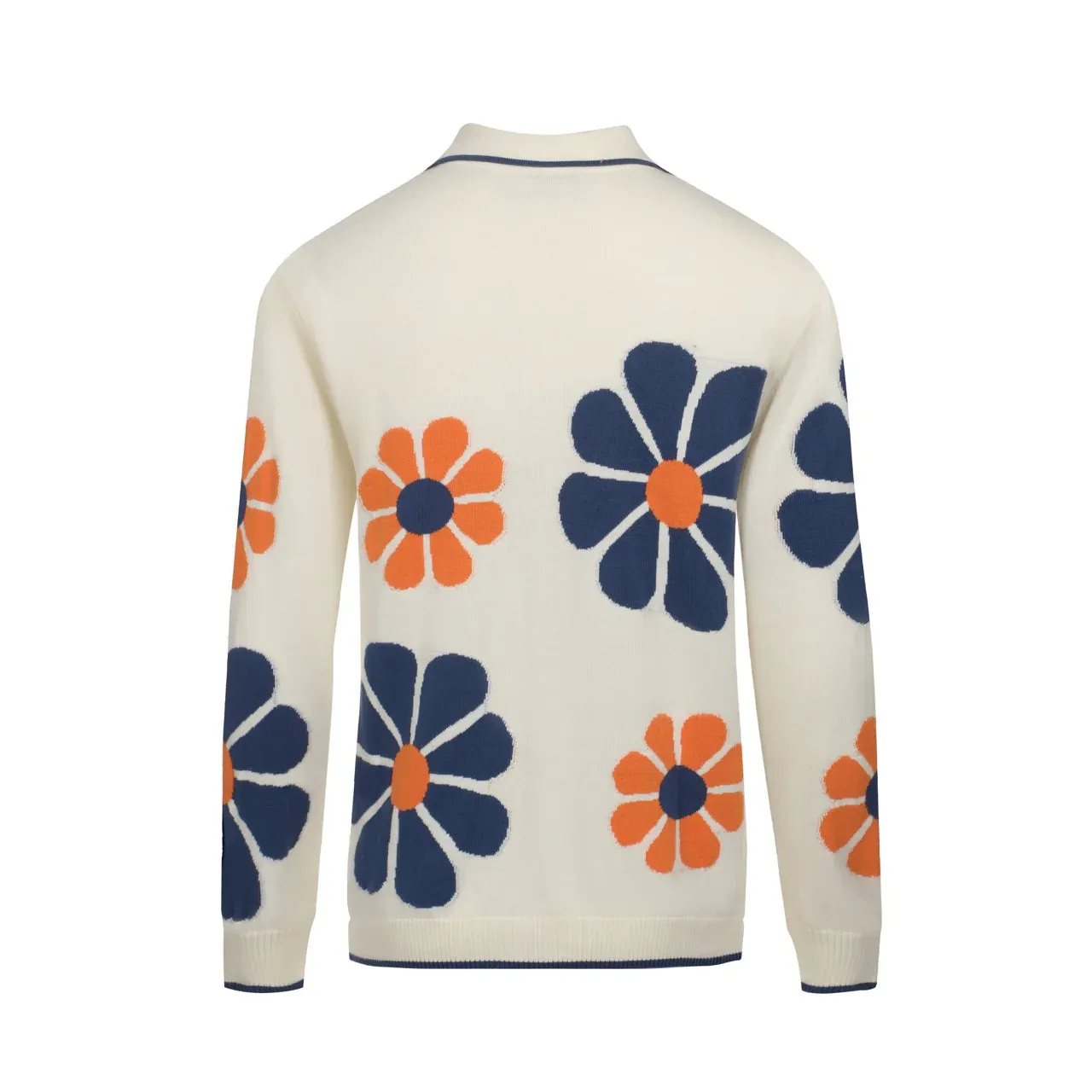 Men's Retro Floral Knit Cardigan – Cream with Orange and Navy Flowers - Image 3