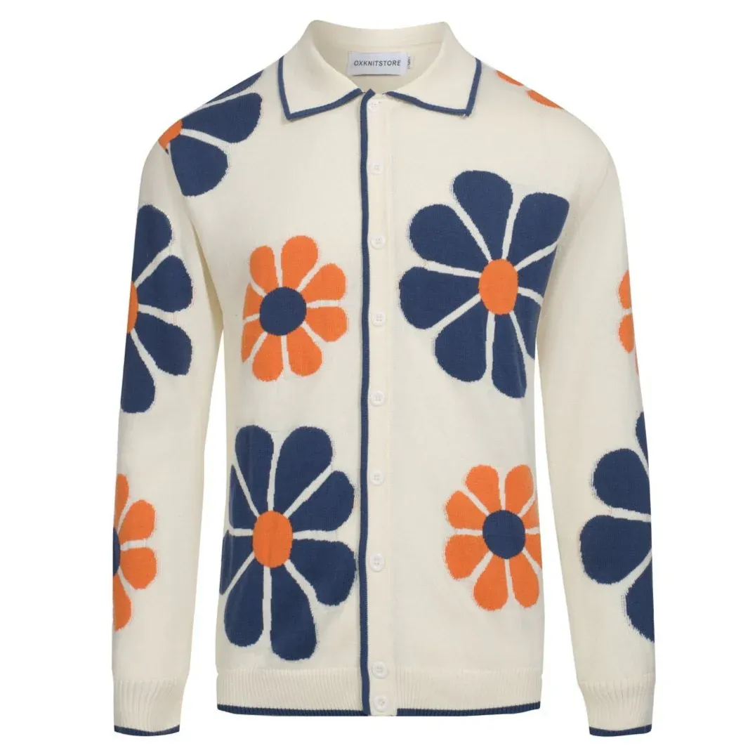 Men's Retro Floral Knit Cardigan – Cream with Orange and Navy Flowers