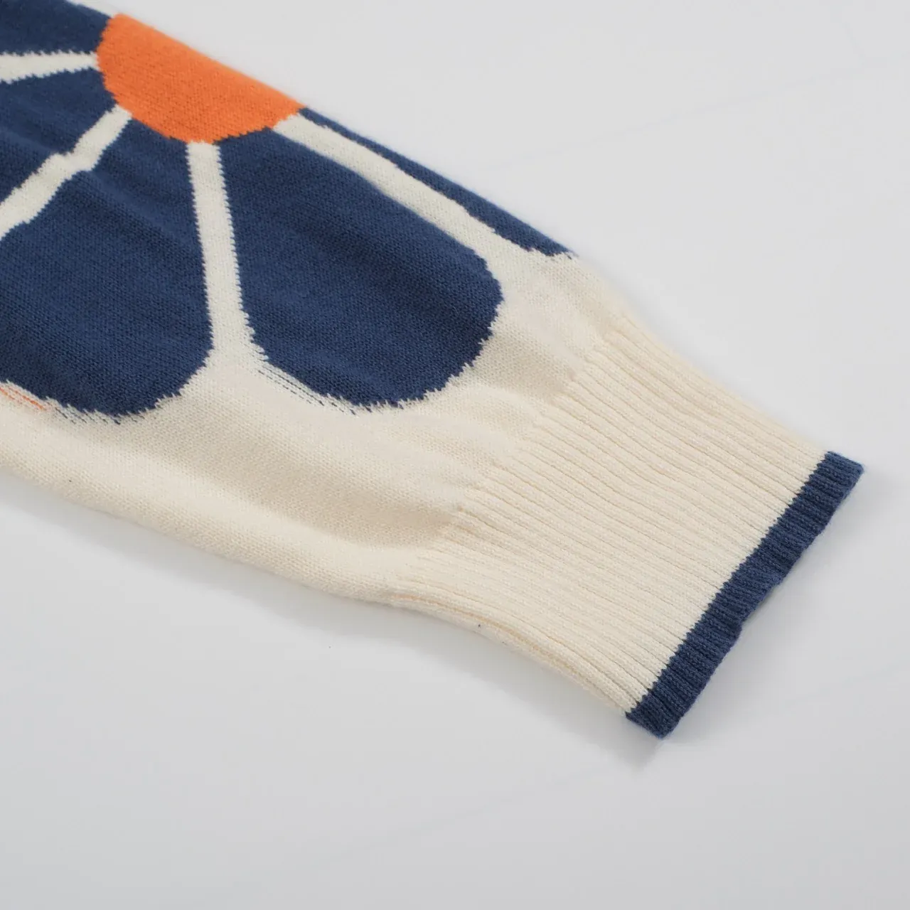 Men's Retro Floral Knit Cardigan – Cream with Orange and Navy Flowers - Image 5