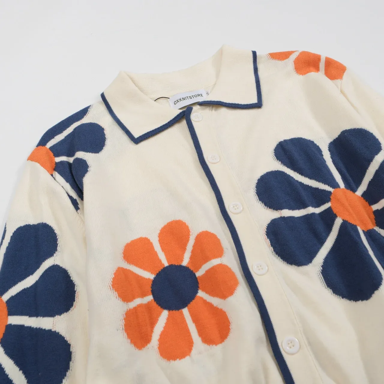 Men's Retro Floral Knit Cardigan – Cream with Orange and Navy Flowers - Image 8