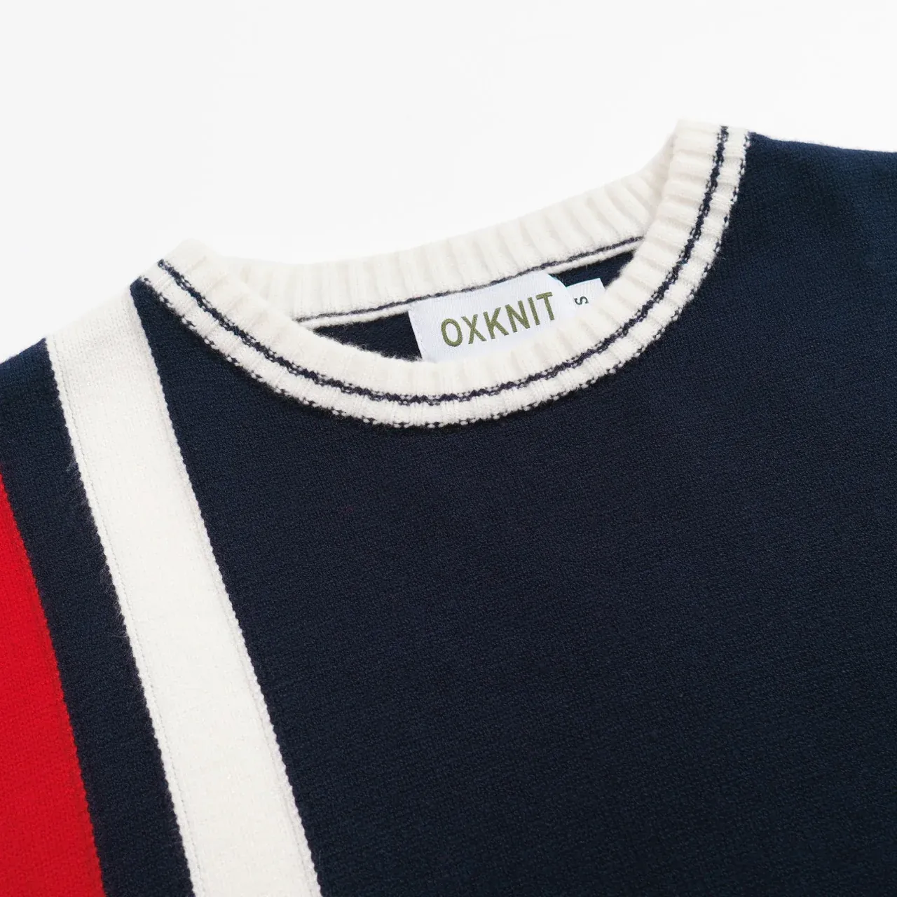 Men’s Colorblock Knit Sweater – Red, Navy & White Stripe Detail - Image 3