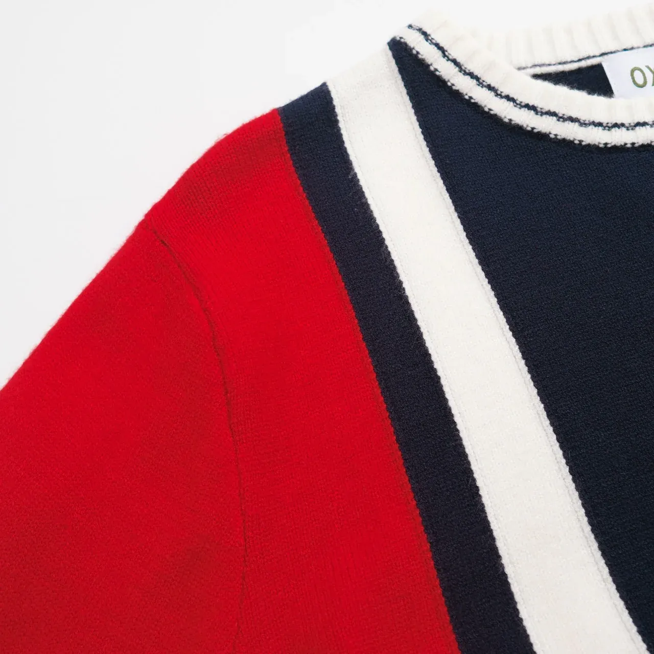 Men’s Colorblock Knit Sweater – Red, Navy & White Stripe Detail - Image 2