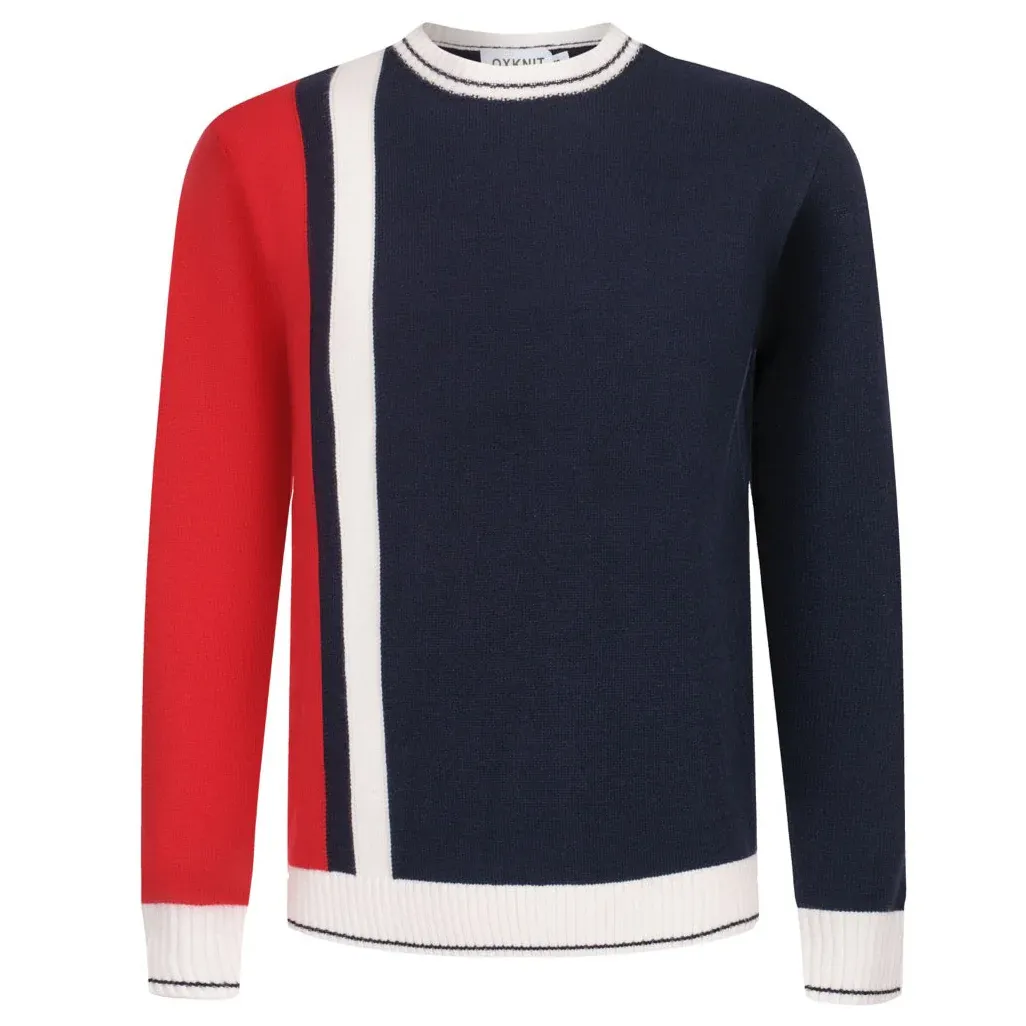 Men’s Colorblock Knit Sweater – Red, Navy & White Stripe Detail