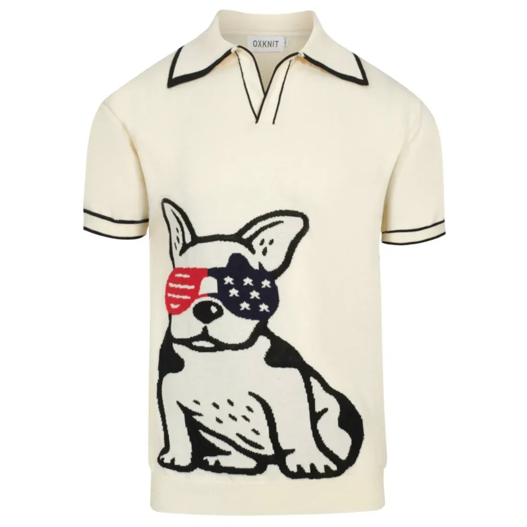Men's Retro Knit Polo – Vintage Cream Button-Up with Bulldog Graphic