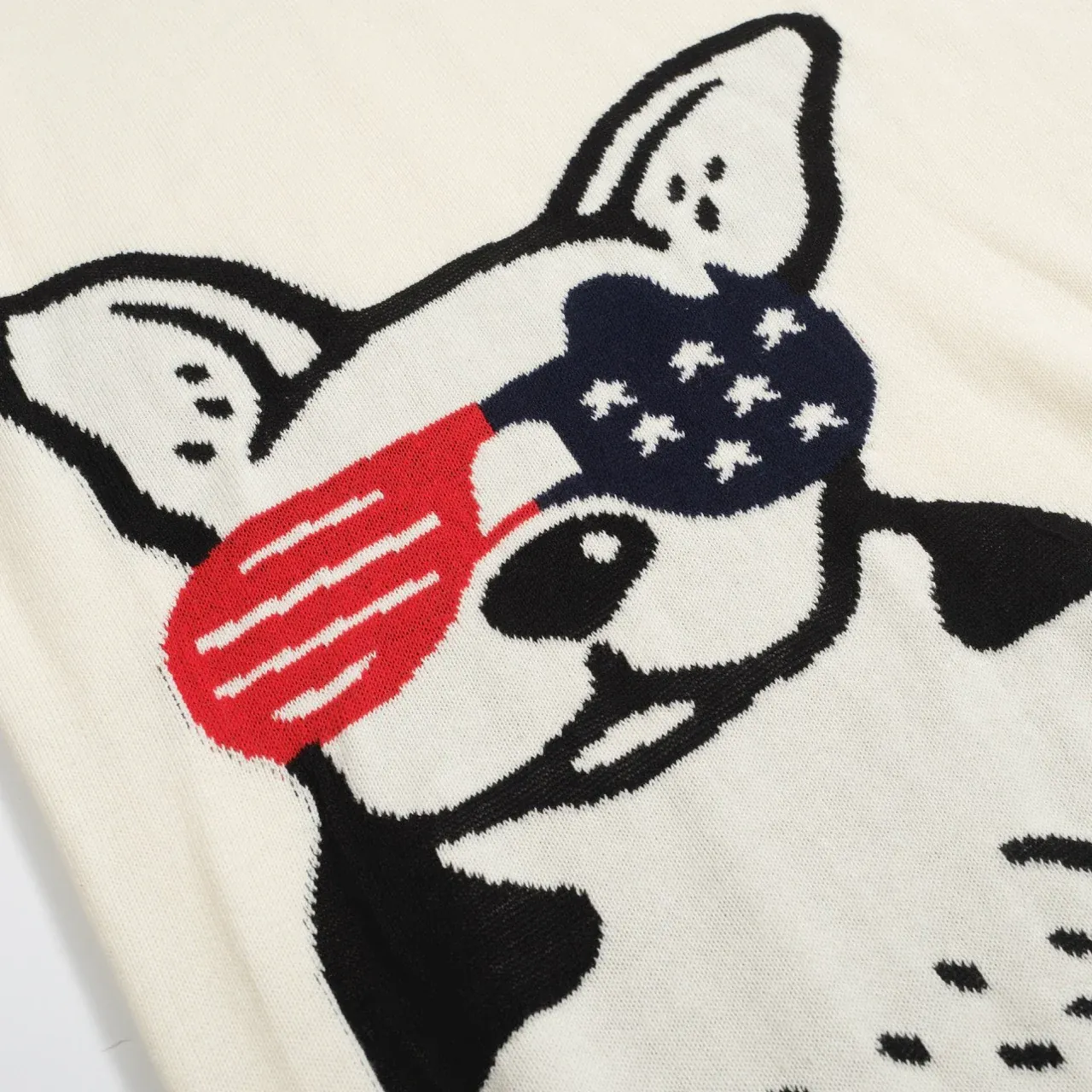 Men's Retro Knit Polo – Vintage Cream Button-Up with Bulldog Graphic - Image 2