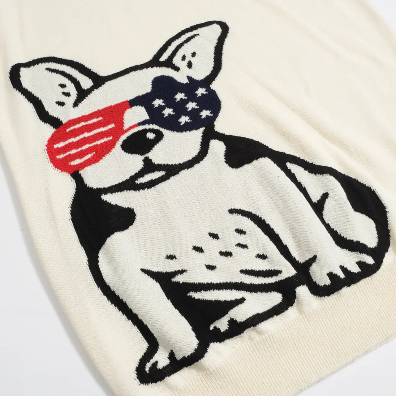 Men's Retro Knit Polo – Vintage Cream Button-Up with Bulldog Graphic - Image 6