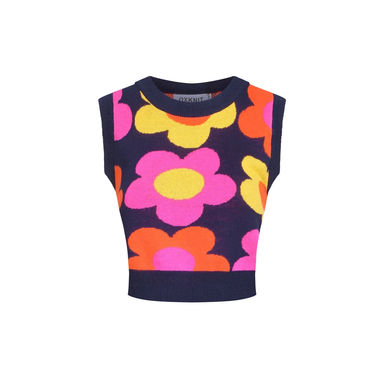 Women’s Retro Floral Knit Set with Vibrant Orange, Pink, and Yellow Flowers - Image 3