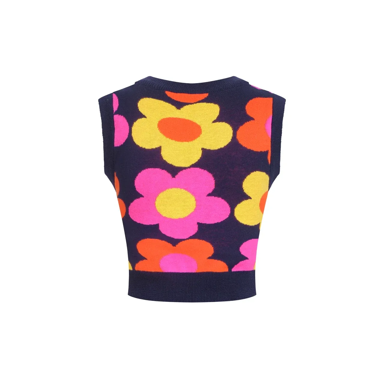 Women’s Retro Floral Knit Set with Vibrant Orange, Pink, and Yellow Flowers - Image 4
