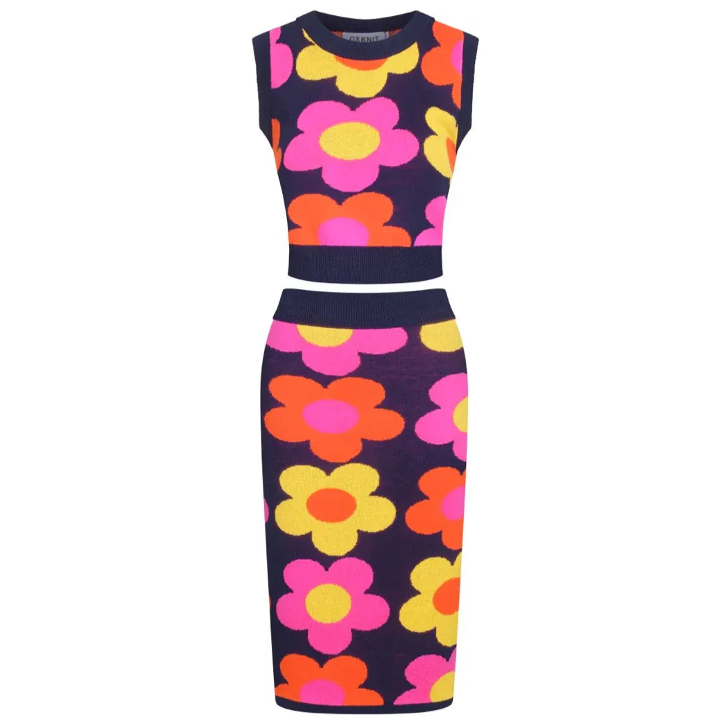 Women’s Retro Floral Knit Set with Vibrant Orange, Pink, and Yellow Flowers