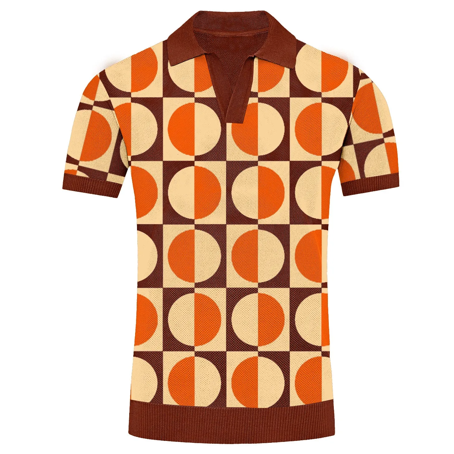 Men's brown vintage jacquard V-neck knit polo shirt