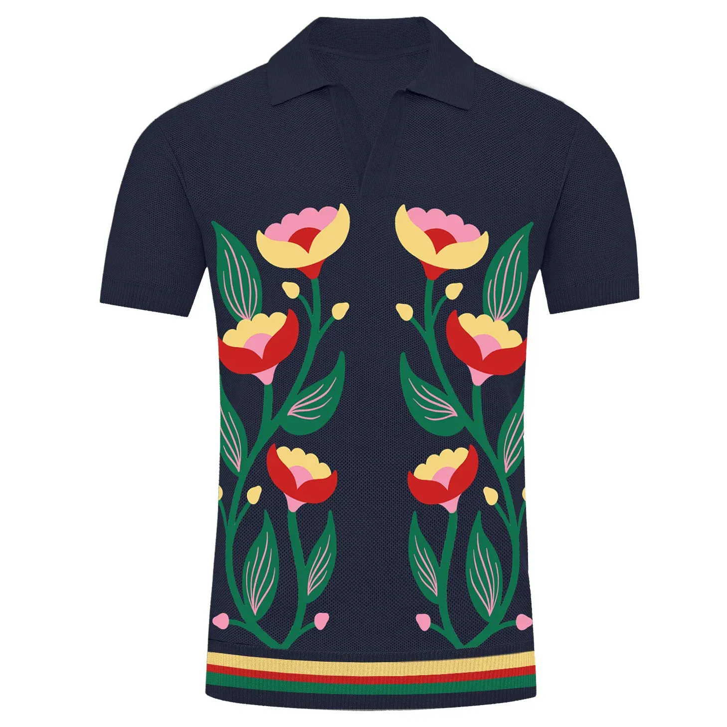 Men's Navy jacquard V-neck knitted polo shirt -Designed by Jessica Molina