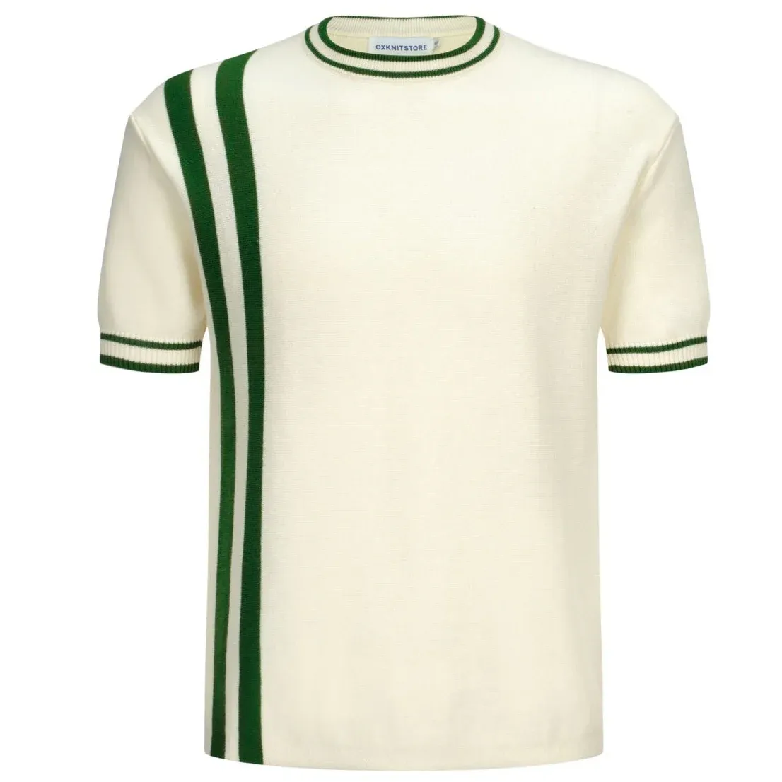 Men's Cream Knit Tee with Green Stripes – 1970s Mod Racing Style