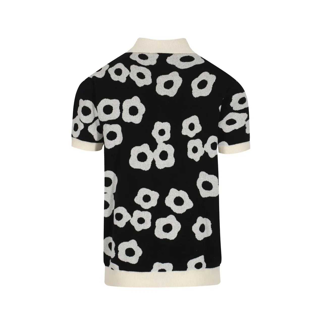 Men's Black & Cream Retro Flower Knit Polo – 60s Mod Button-Up Shirt - Image 9