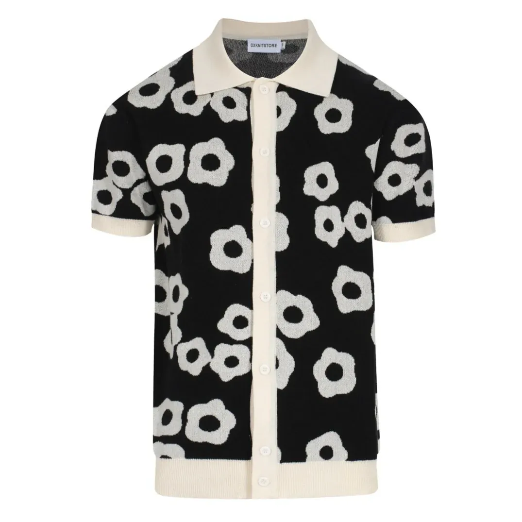 Men's Black & Cream Retro Flower Knit Polo – 60s Mod Button-Up Shirt