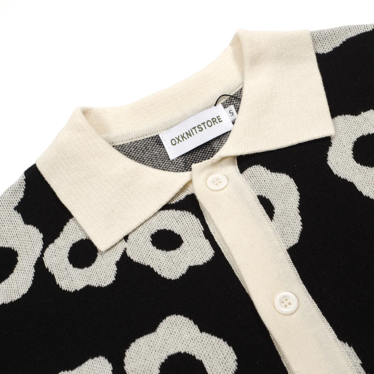 Men's Black & Cream Retro Flower Knit Polo – 60s Mod Button-Up Shirt - Image 3