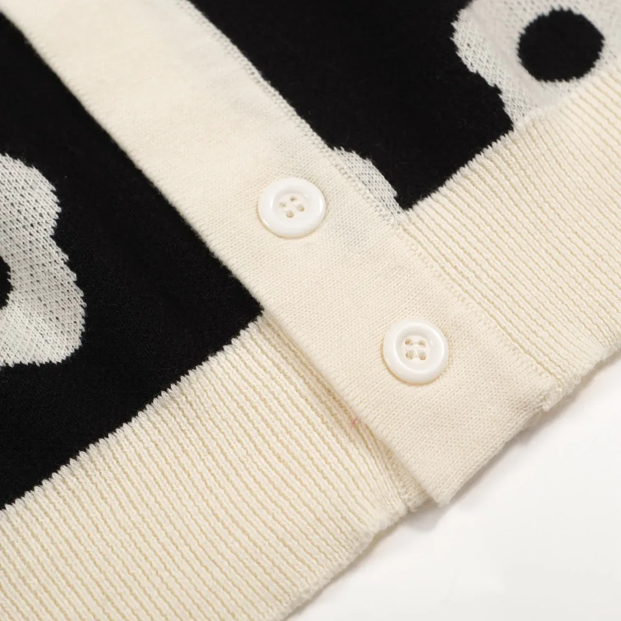 Men's Black & Cream Retro Flower Knit Polo – 60s Mod Button-Up Shirt - Image 7