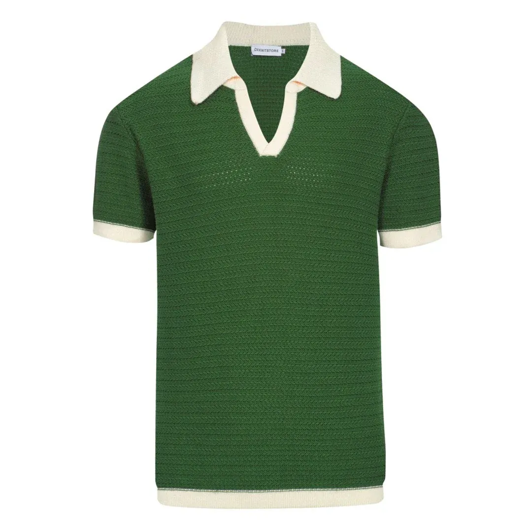 Men's 60s Mod Open Collar Polo – Green with Cream Trim