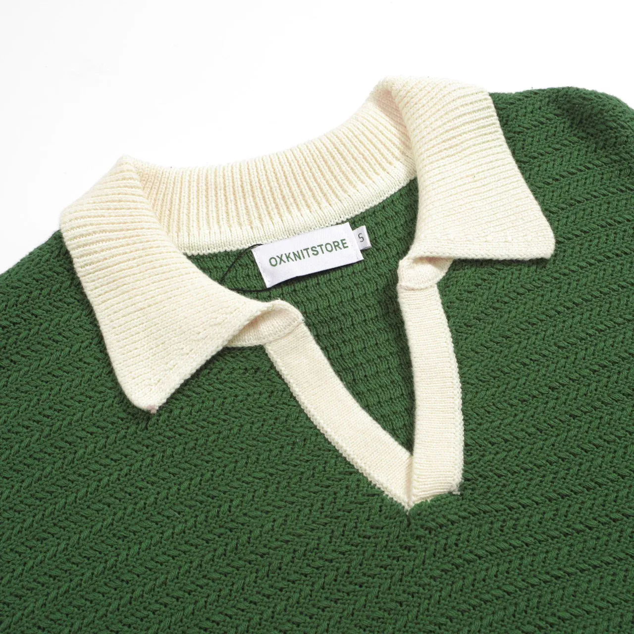 Men's 60s Mod Open Collar Polo – Green with Cream Trim - Image 3