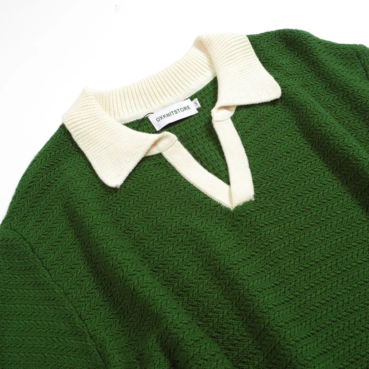 Men's 60s Mod Open Collar Polo – Green with Cream Trim - Image 8