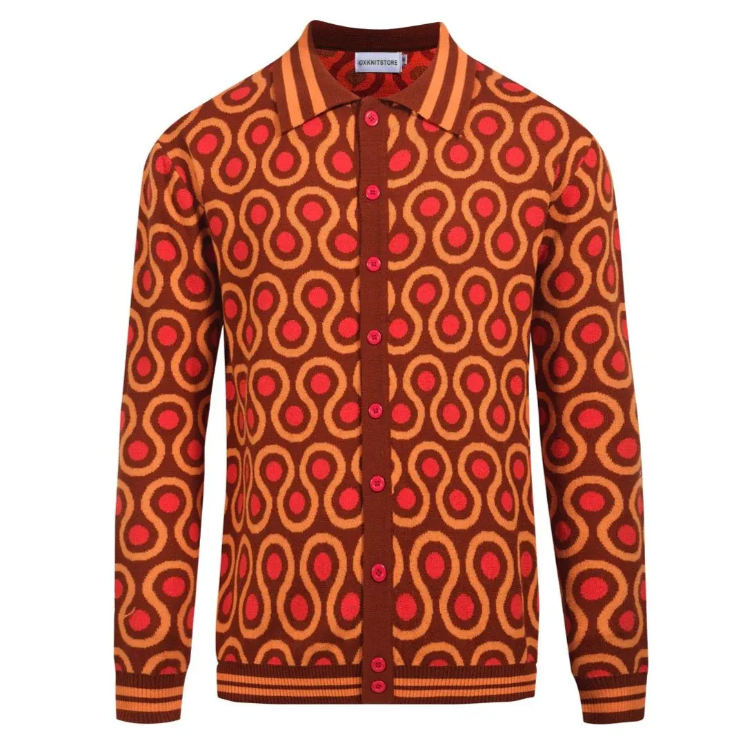 Men's 70s Psychedelic Knit Cardigan – Brown Retro Sweater with Orange Wave Pattern