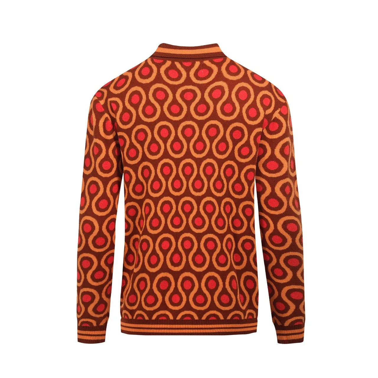 Men's 70s Psychedelic Knit Cardigan – Brown Retro Sweater with Orange Wave Pattern - Image 3