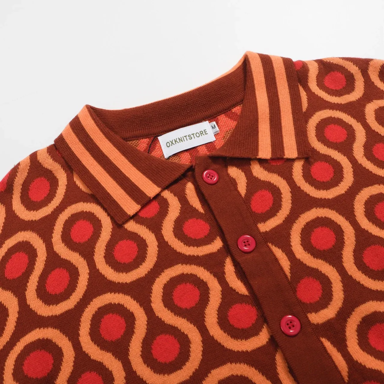 Men's 70s Psychedelic Knit Cardigan – Brown Retro Sweater with Orange Wave Pattern - Image 4