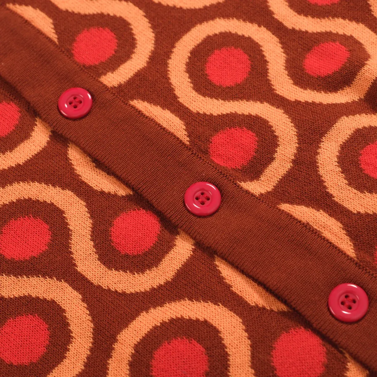 Men's 70s Psychedelic Knit Cardigan – Brown Retro Sweater with Orange Wave Pattern - Image 2