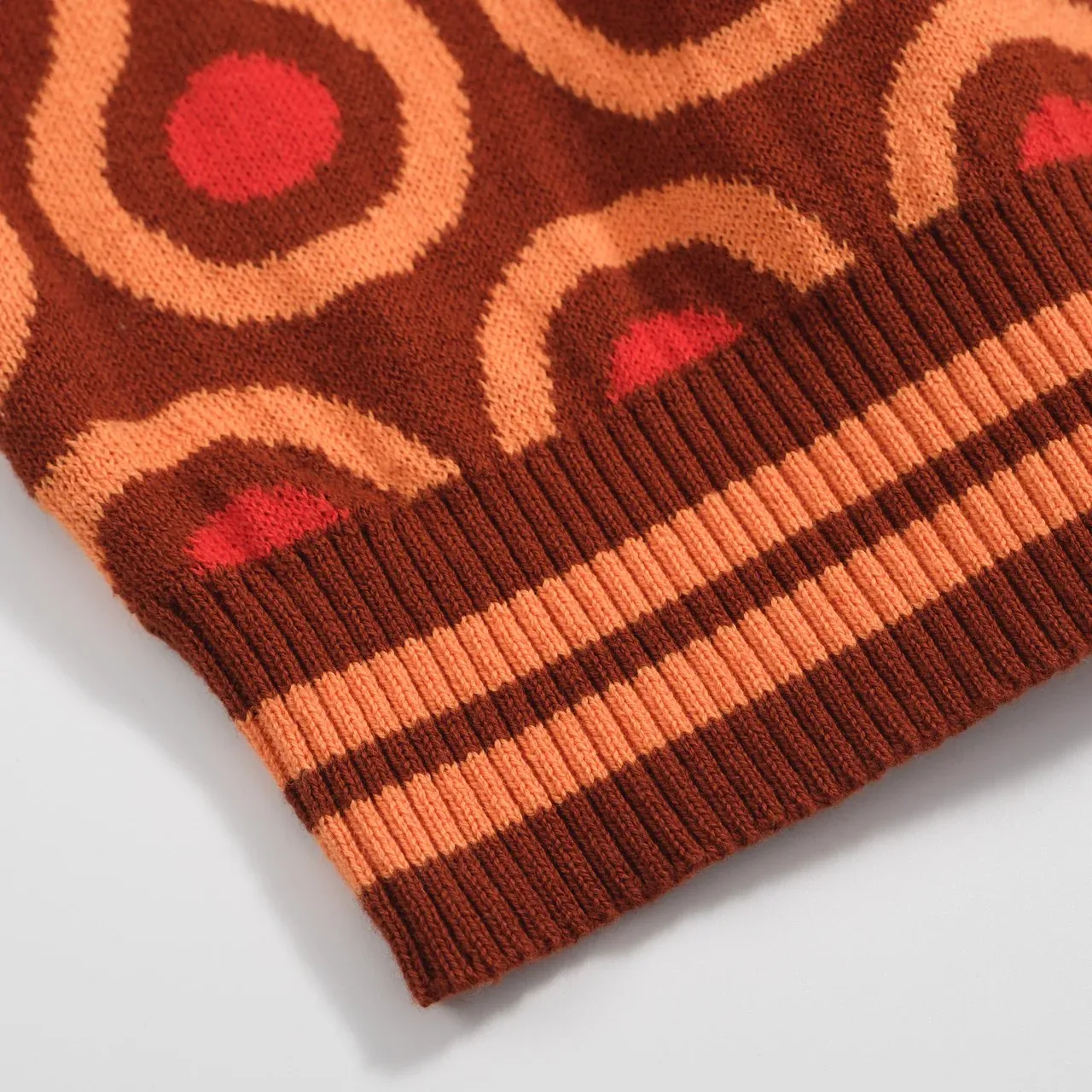 Men's 70s Psychedelic Knit Cardigan – Brown Retro Sweater with Orange Wave Pattern - Image 6