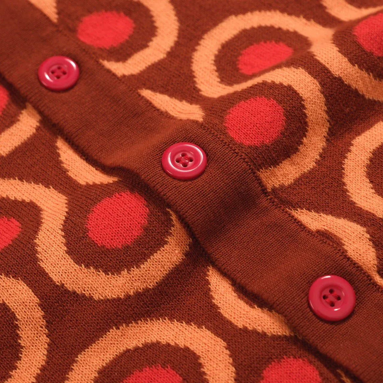 Men's 70s Psychedelic Knit Cardigan – Brown Retro Sweater with Orange Wave Pattern - Image 7