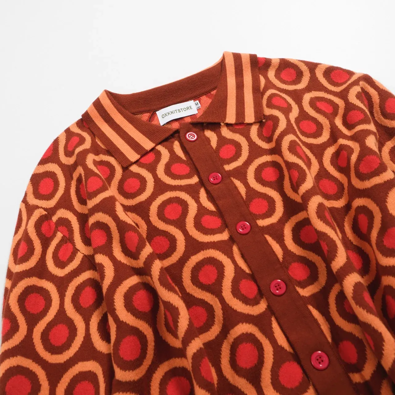 Men's 70s Psychedelic Knit Cardigan – Brown Retro Sweater with Orange Wave Pattern - Image 8