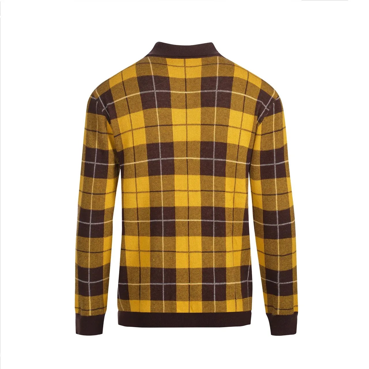Men's 70s Yellow Plaid Knit Polo Shirt – Retro Long Sleeve Mod Top - Image 3