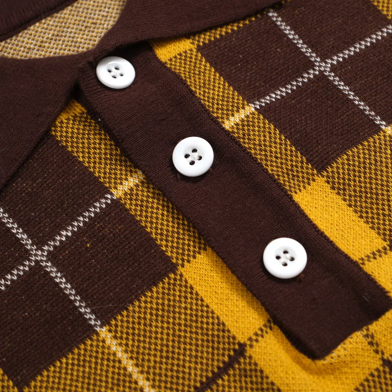 Men's 70s Yellow Plaid Knit Polo Shirt – Retro Long Sleeve Mod Top - Image 5